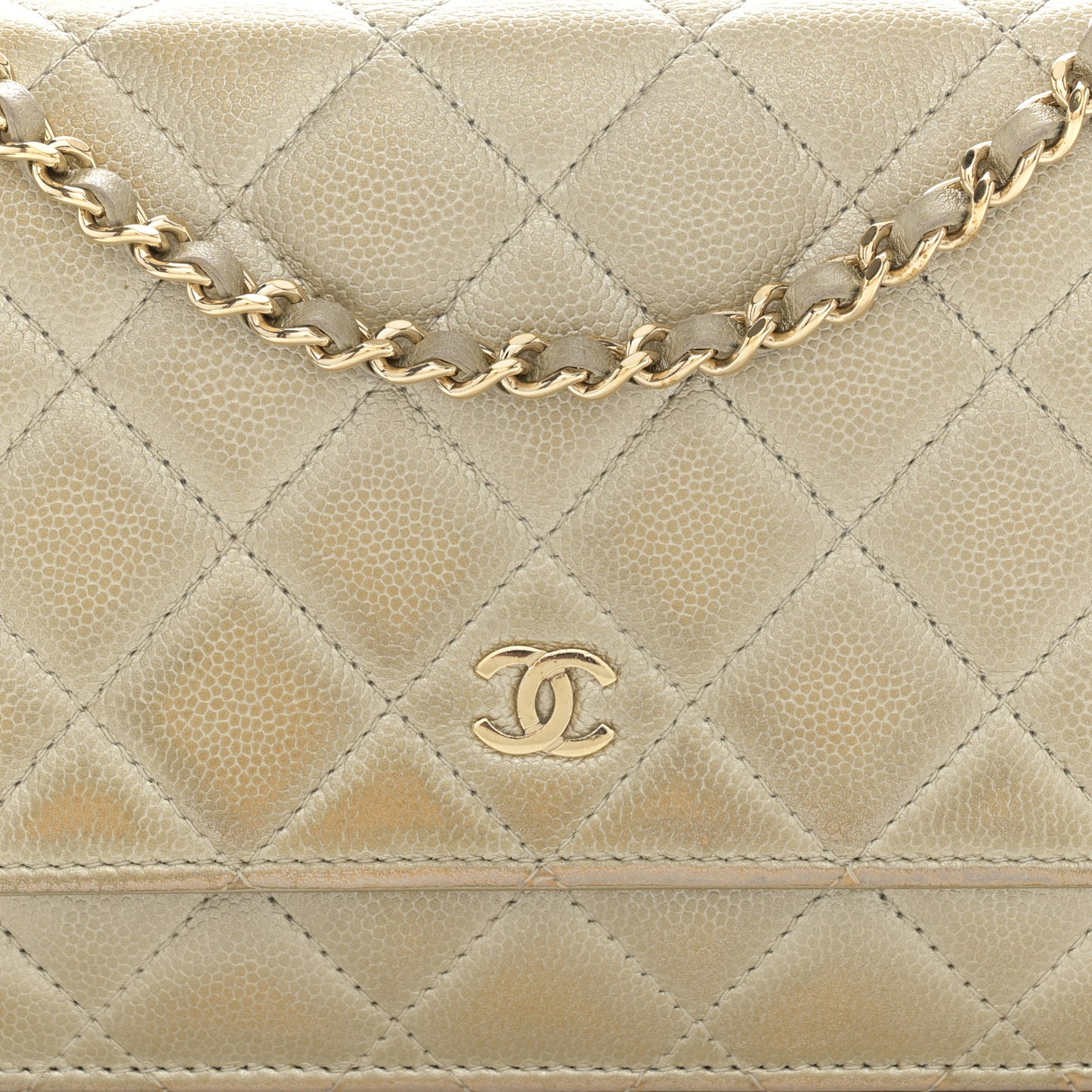 Metallic Caviar Quilted Wallet On Chain WOC Light Gold