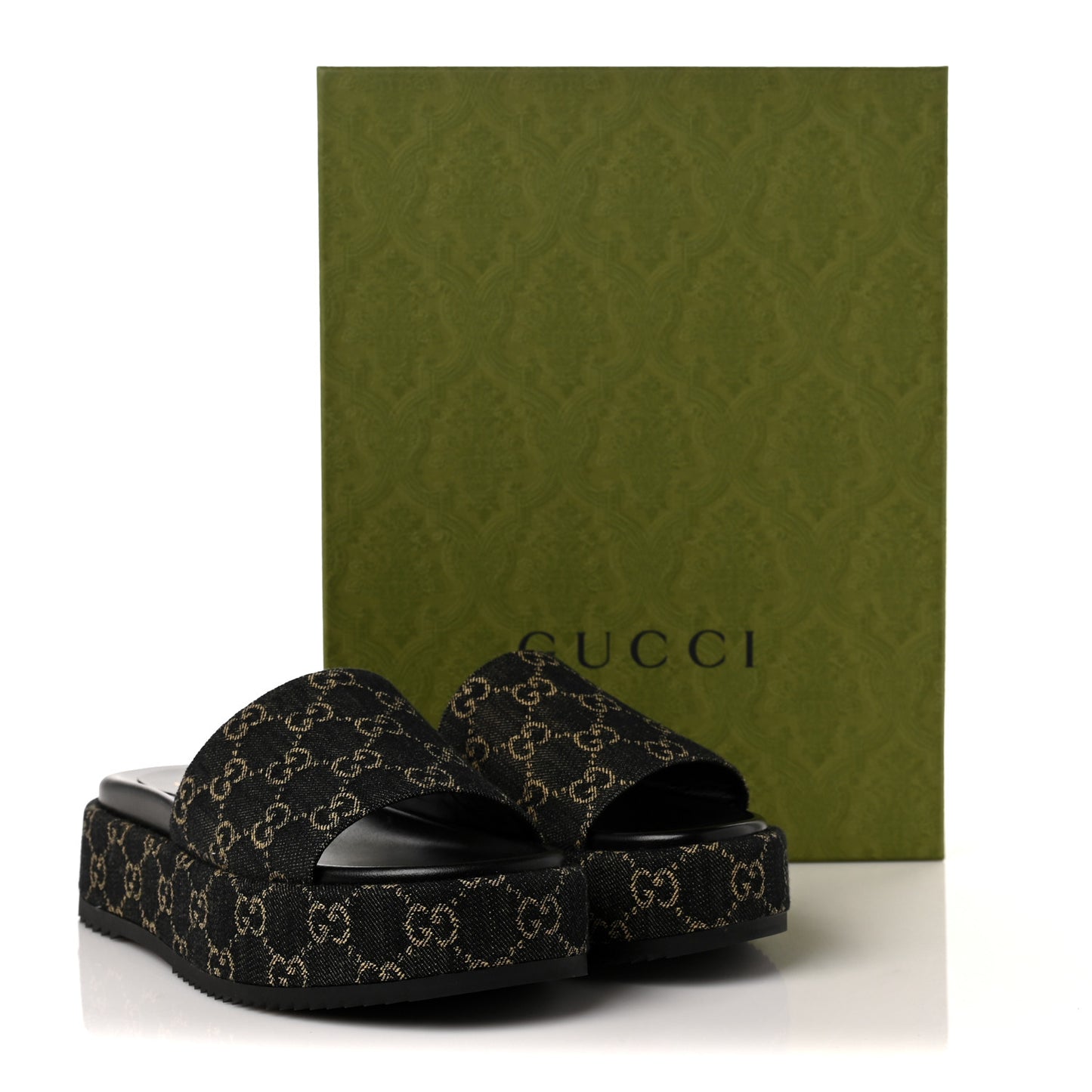 Jacquard Black Denim GG Monogram Angelina Platform 55mm Slide Sandals 40 Black Ivory
