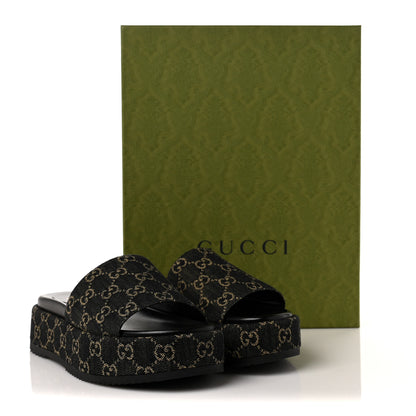 Gucci Jacquard Black Denim GG Monogram Angelina Platform 55mm Slide Sandals 40 Black Ivory 8 of 8