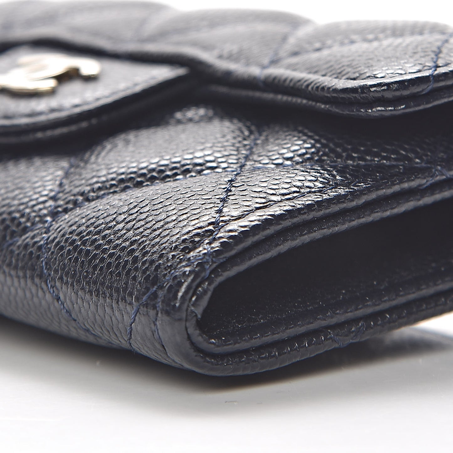 Caviar Quilted Flap Card Holder Wallet Navy Blue