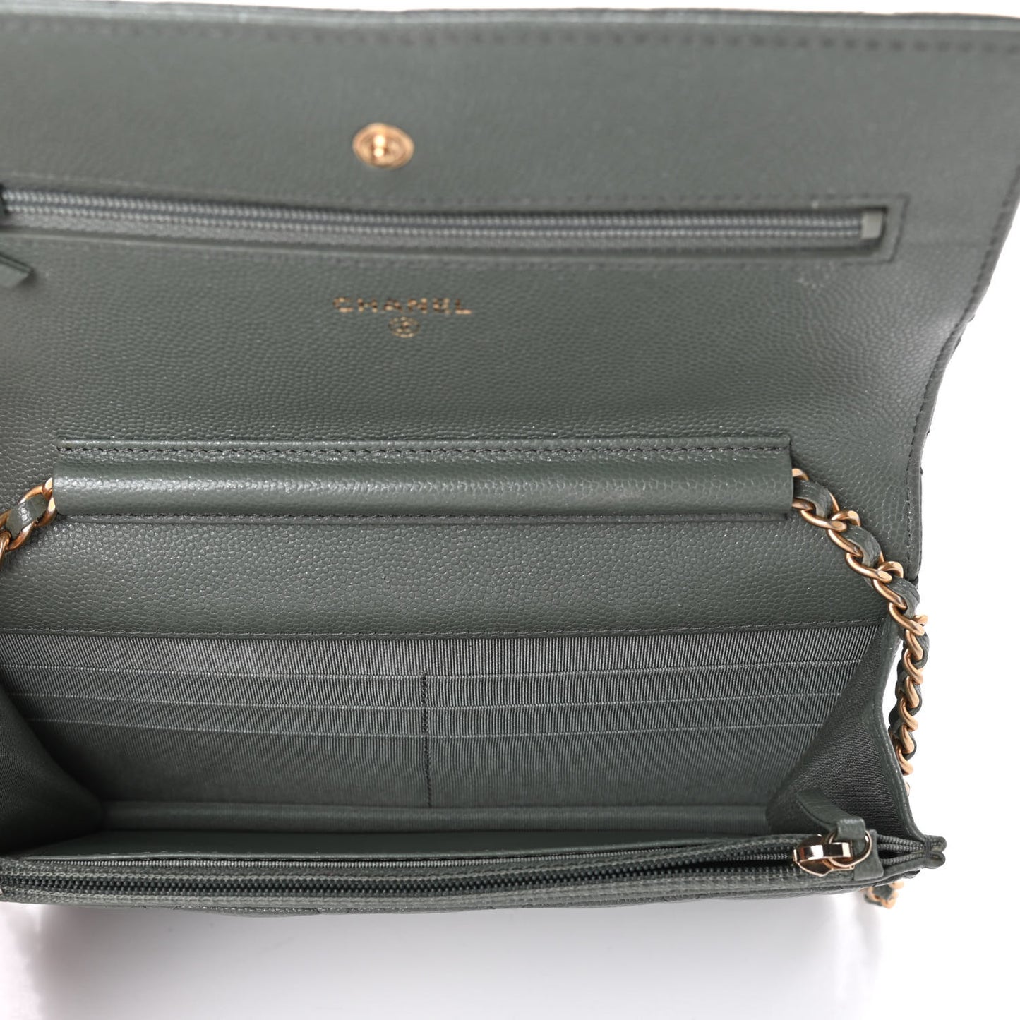 Iridescent Caviar Quilted Wallet On Chain WOC Green