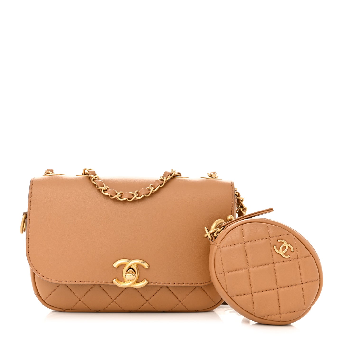 Calfskin Quilted Multi Pouching Flap And Coin Purse Beige