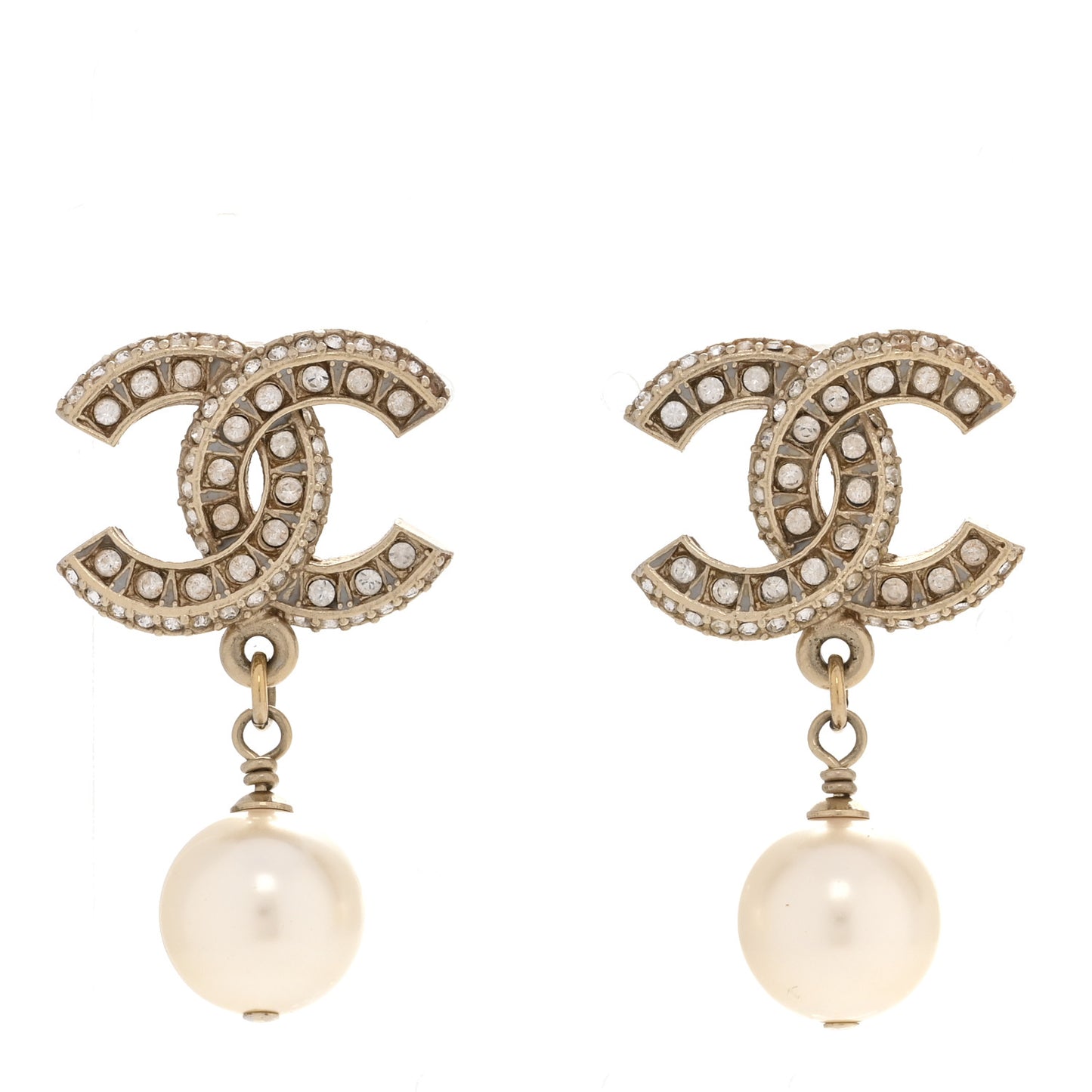 Crystal Pearl CC Drop Earrings Gold