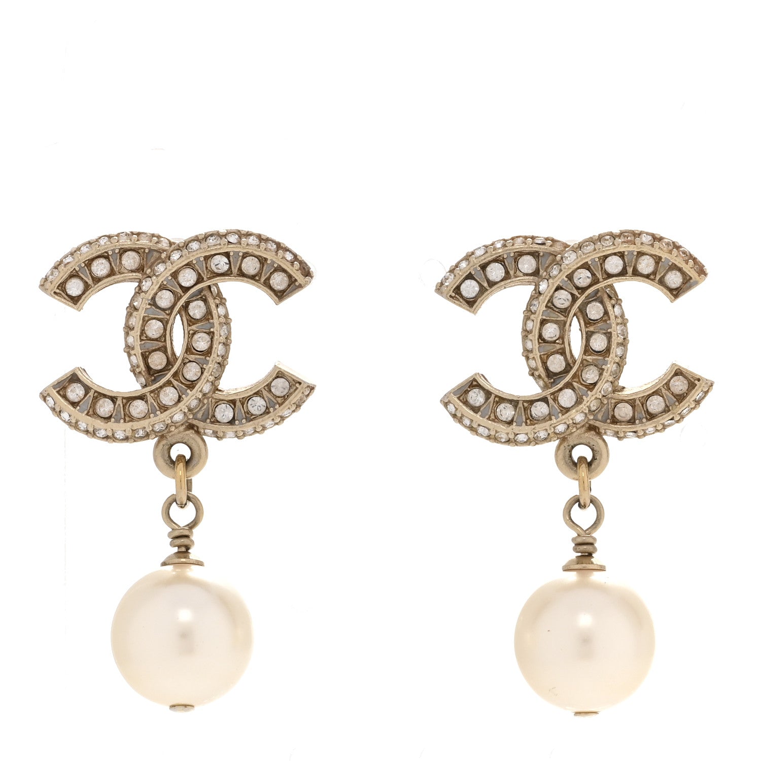 Chanel Crystal Pearl CC Drop Earrings Gold 1 of 6