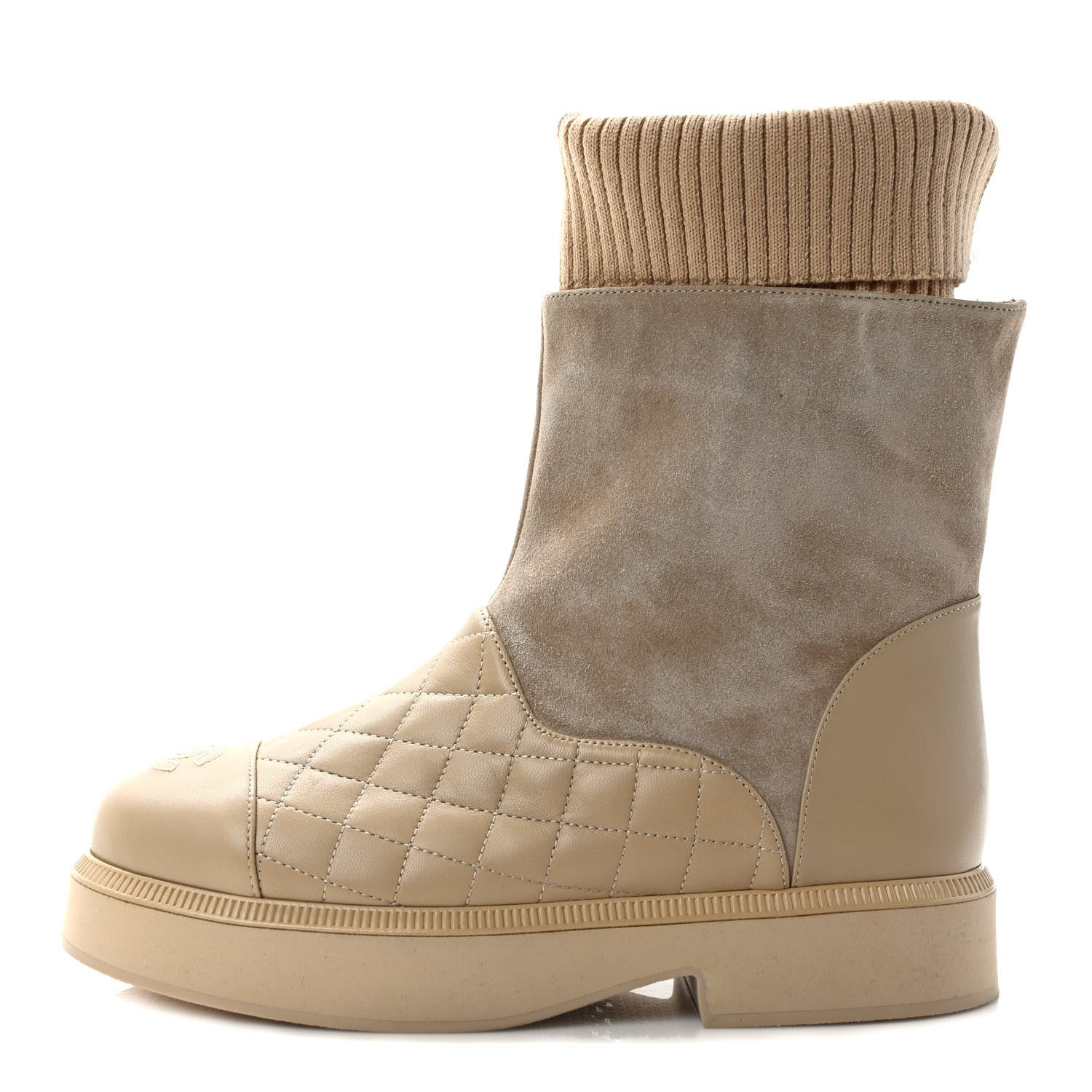 Chanel Suede Lambskin Calfskin Knit Womens Ankle Boots 37 Beige 1 of 7