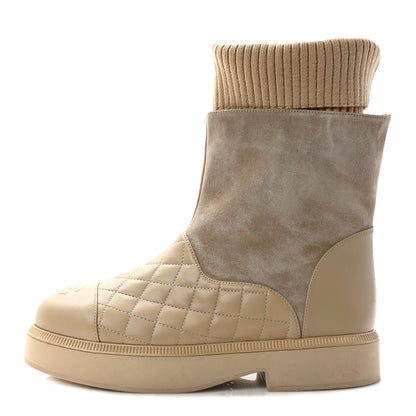 Chanel Suede Lambskin Calfskin Knit Womens Ankle Boots 37 Beige 1 of 7