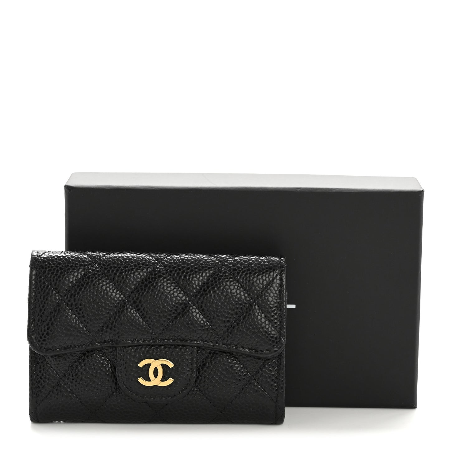 Caviar Quilted Flap Card Holder Wallet Black