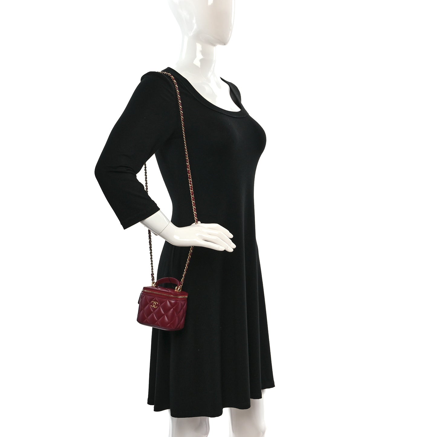 Lambskin Quilted Mini Top Handle Vanity Case With Chain Burgundy