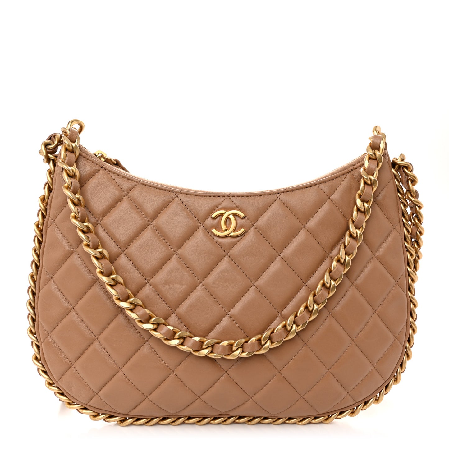 Shiny Crumpled Lambskin Quilted Large Trendy Chain Around Hobo Dark Beige