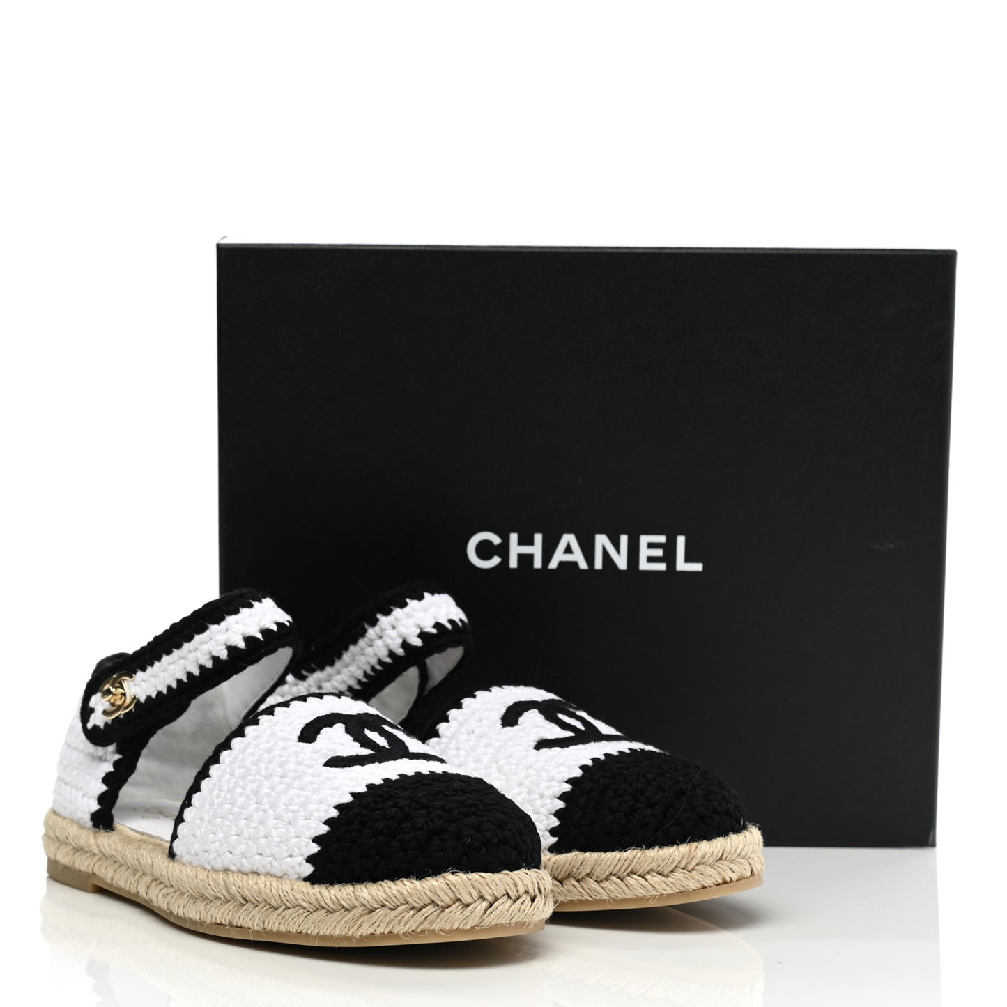 Braided Knit Cap Toe CC Ankle Strap Espadrilles 39 White Black