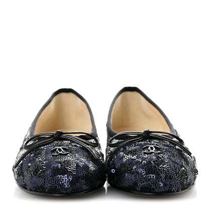 Chanel Tweed Sequin Cap Toe Ballerina Flats 35 Silver Black Blue 3 of 10