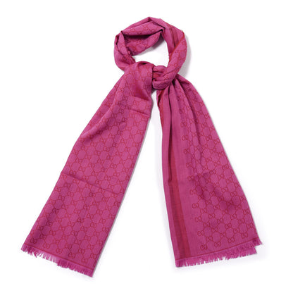 Gucci Wool Silk GG Monogram GGWeblong Fringe Scarf Shawl Red Pink 1 of 4