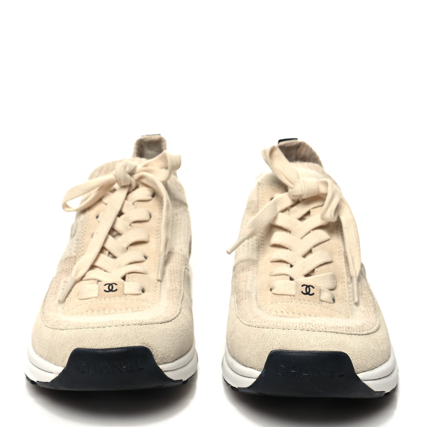 Knit Fabric Suede Calfskin Womens CC Sneakers 38 Beige