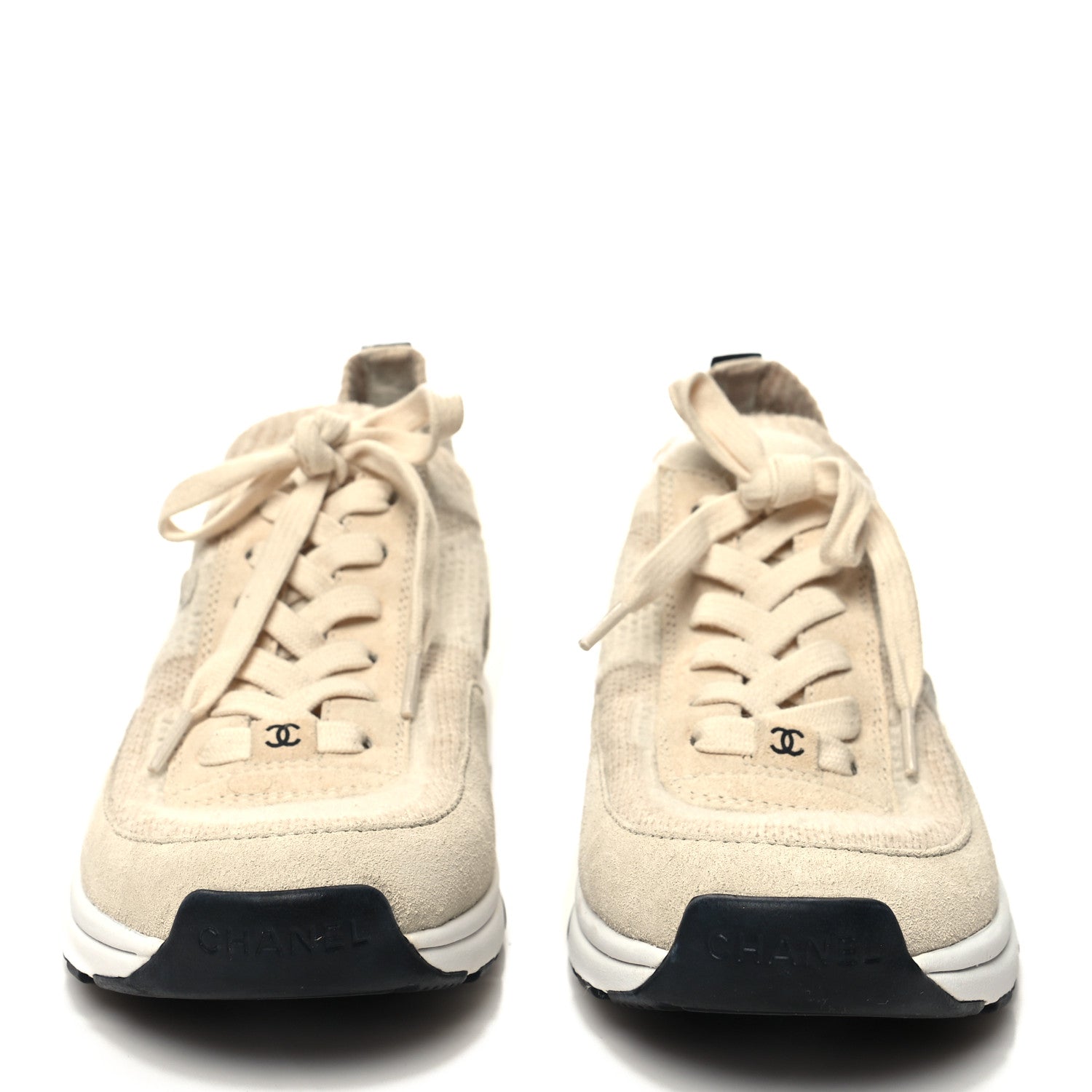 Chanel Knit Fabric Suede Calfskin Womens CC Sneakers 38 Beige 2 of 8
