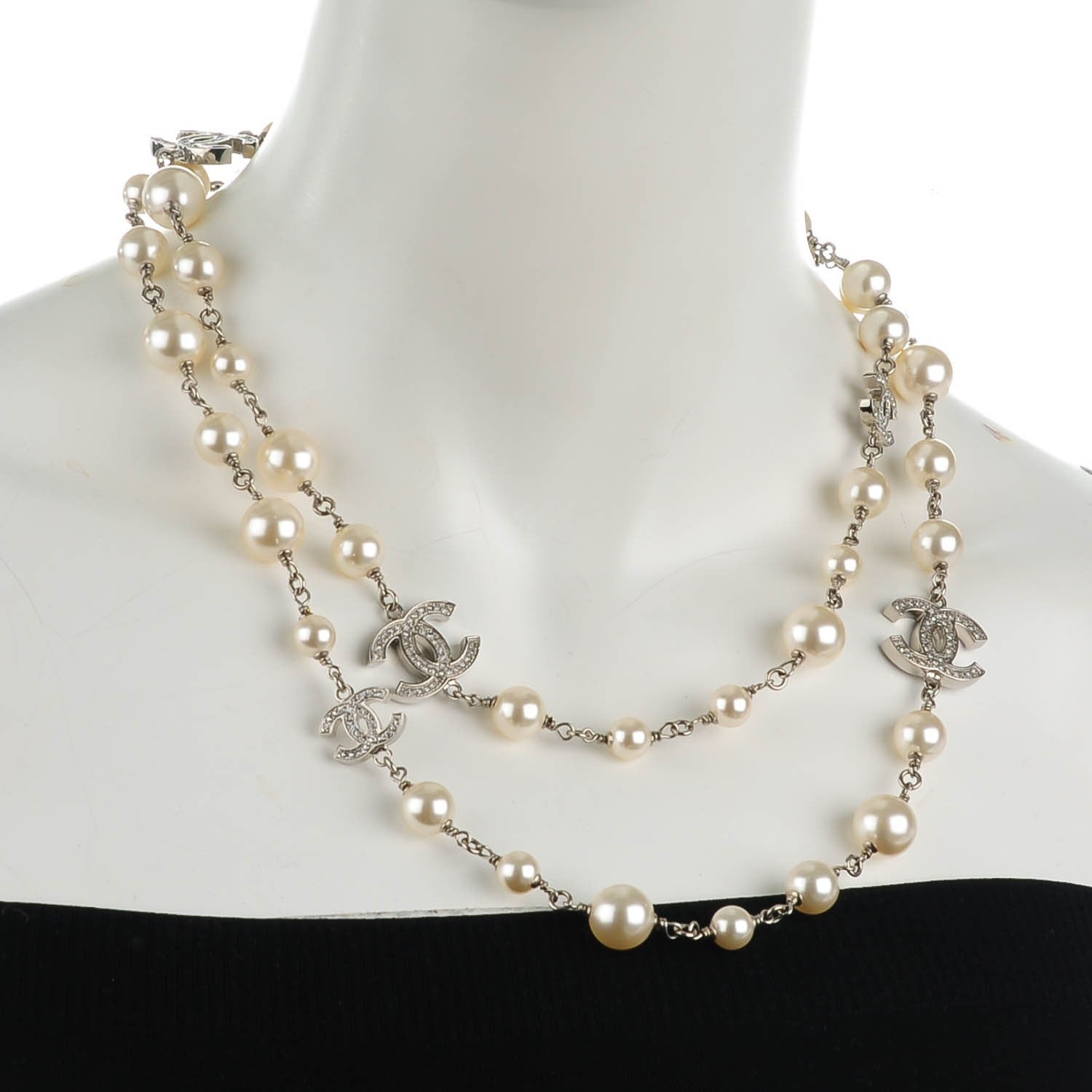 Chanel Crystal Pearl CC Long Necklace Silver 2 of 4