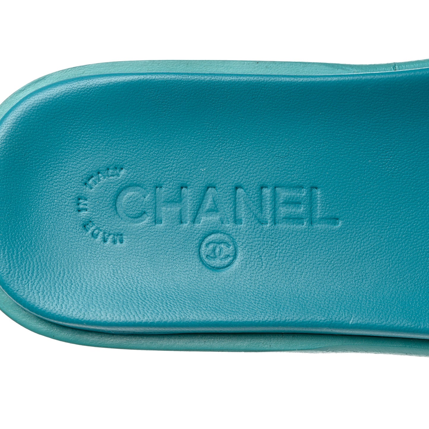 Patent Calfskin CC Slip On Mules 38.5 Turquoise