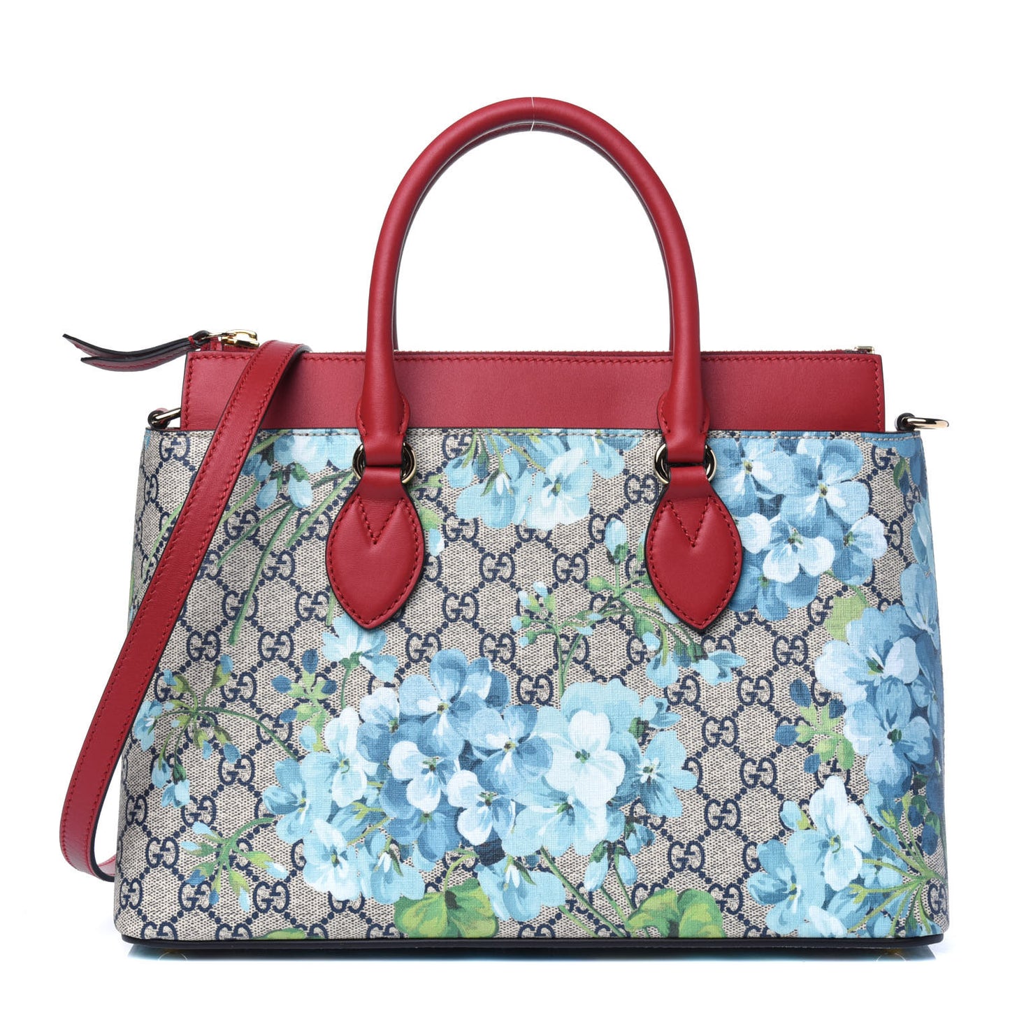 GG Supreme Monogram Blooms Medium Zip Top Tote Beige Blue Navy Hibiscus Red