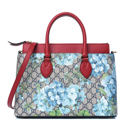 Gucci GG Supreme Monogram Blooms Medium Zip Top Tote Beige Blue Navy Hibiscus Red 1 of 14