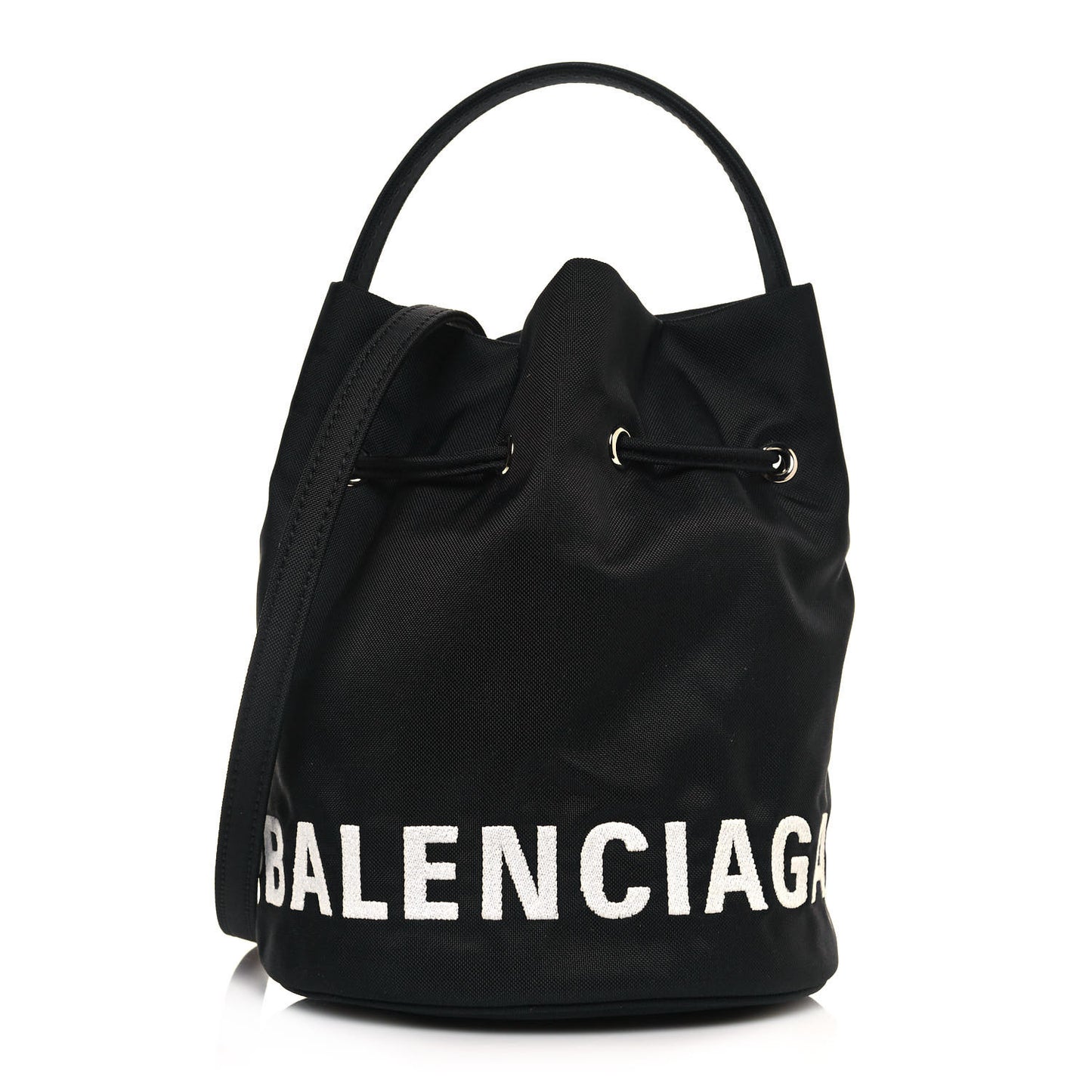 Recycled Sport Nylon Logo Embroidered Wheel Drawstring Bucket Bag XS Black