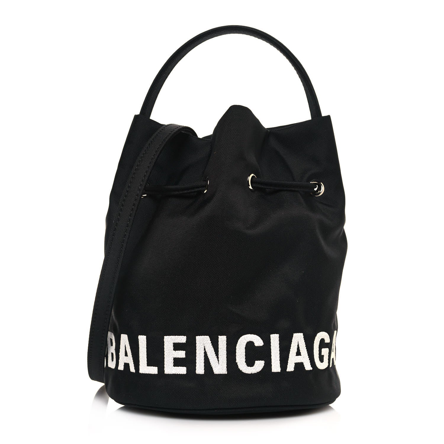 Balenciaga Recycled Sport Nylon Logo Embroidered Wheel Drawstring Bucket Bag XS Black 1 of 10