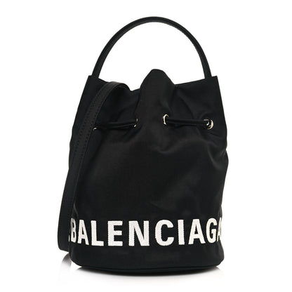 Balenciaga Recycled Sport Nylon Logo Embroidered Wheel Drawstring Bucket Bag XS Black 1 of 10