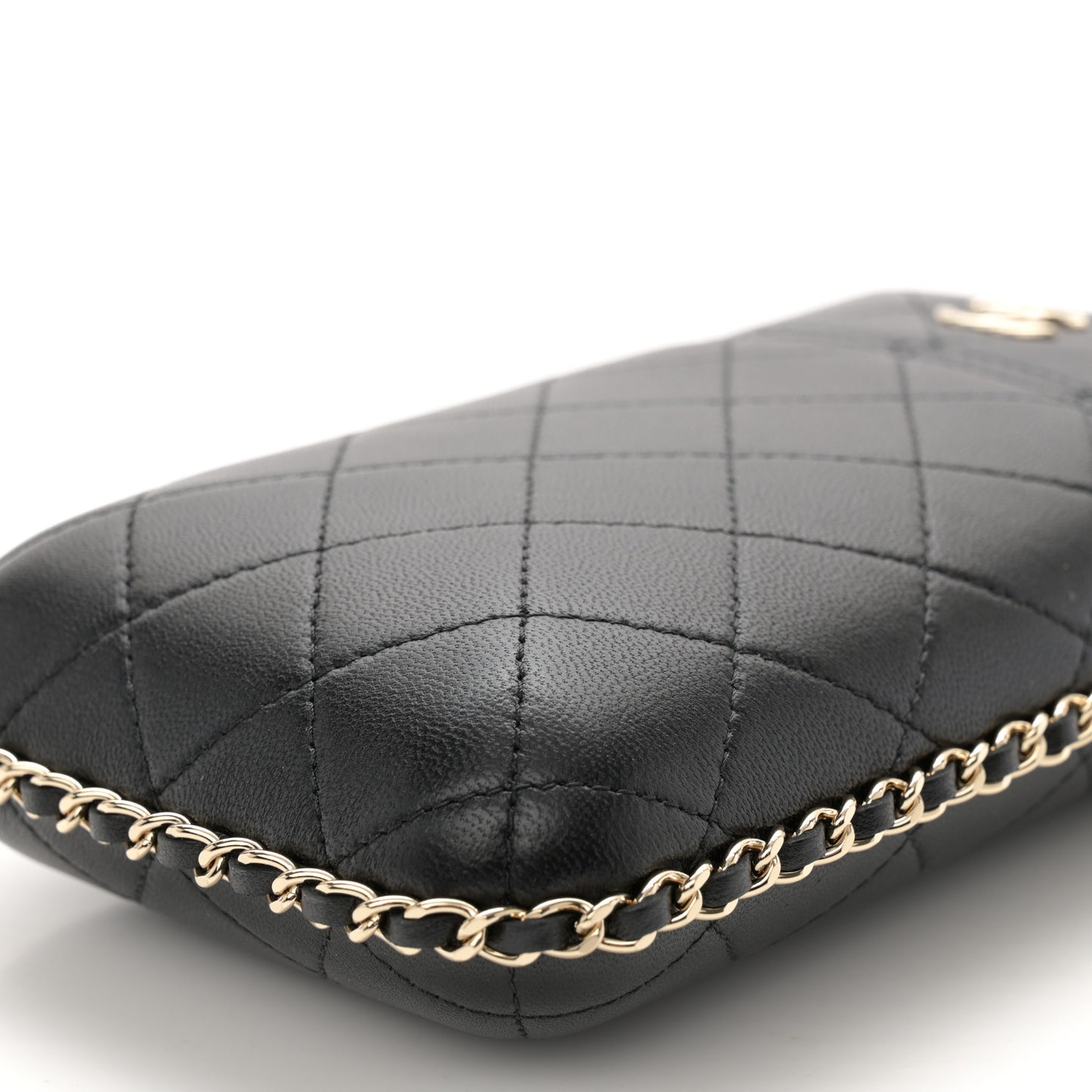 Lambskin Quilted Chain Around Phone Holder Black