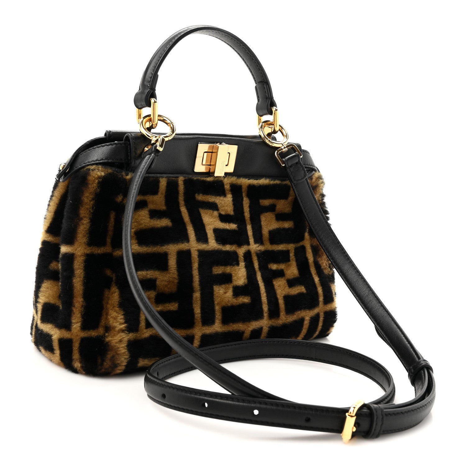 Fendi Shearling Nappa Macro FF 1974 Mini Peekaboo Iconic Satchel Tobacco Black 3 of 11