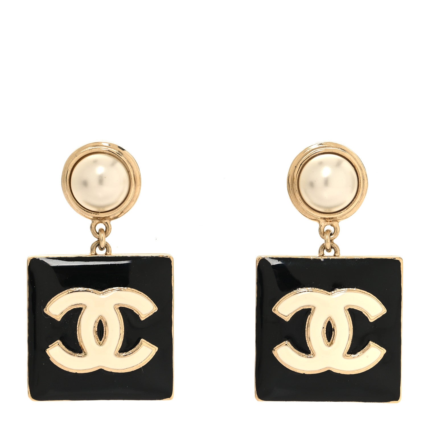 Chanel Metal Enamel Pearl Square CC Drop Earrings Gold Black White 1 of 6