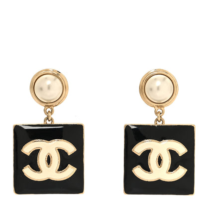 Chanel Metal Enamel Pearl Square CC Drop Earrings Gold Black White 1 of 6