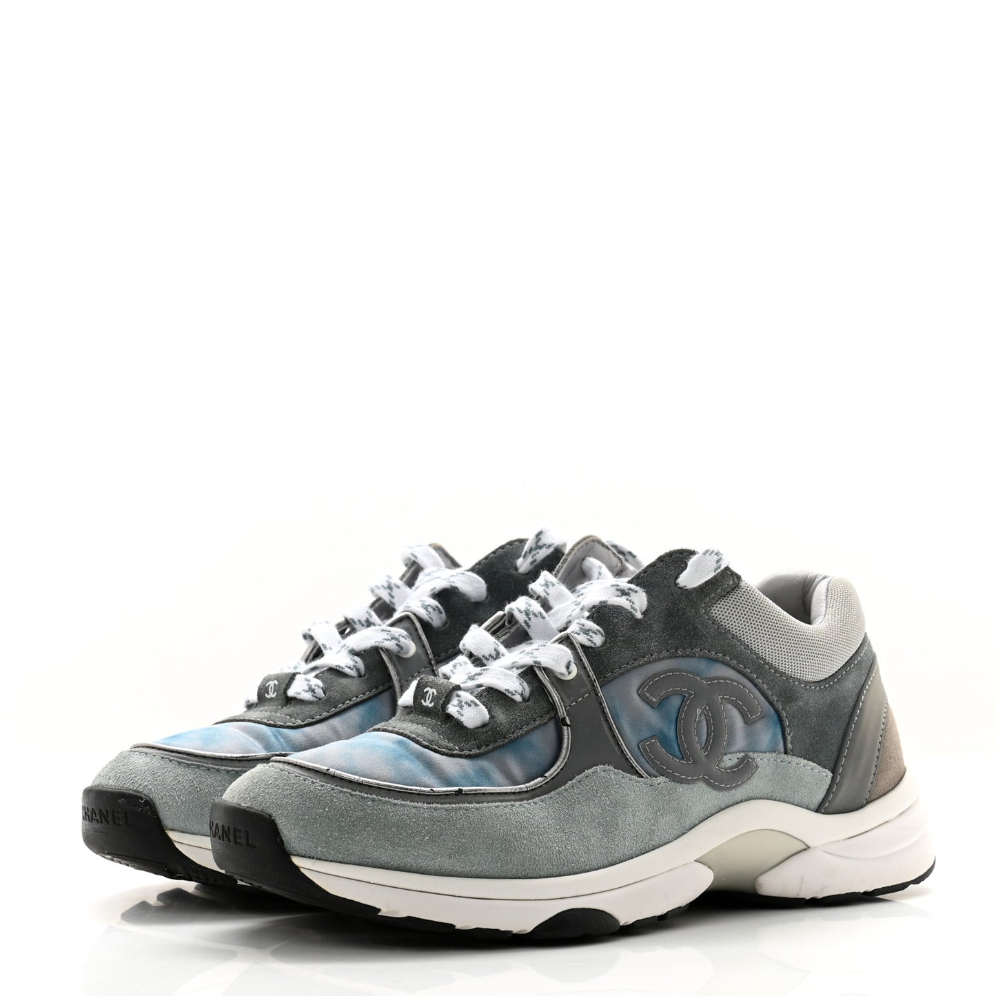 Nylon Lambskin Suede Calfskin CC Sneakers 39 Blue Grey White