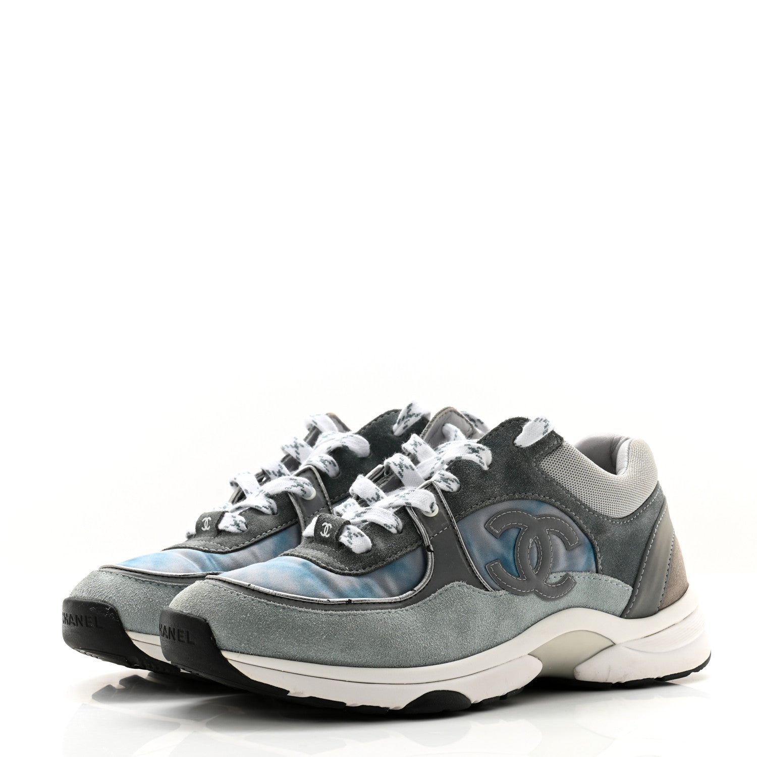 Chanel Nylon Lambskin Suede Calfskin CC Sneakers 39 Blue Grey White 3 of 14