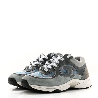 Chanel Nylon Lambskin Suede Calfskin CC Sneakers 39 Blue Grey White 3 of 14