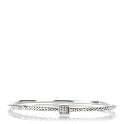 David Yurman Sterling Silver Pave Diamond 3mm Cable Wire Bangle 1 of 5