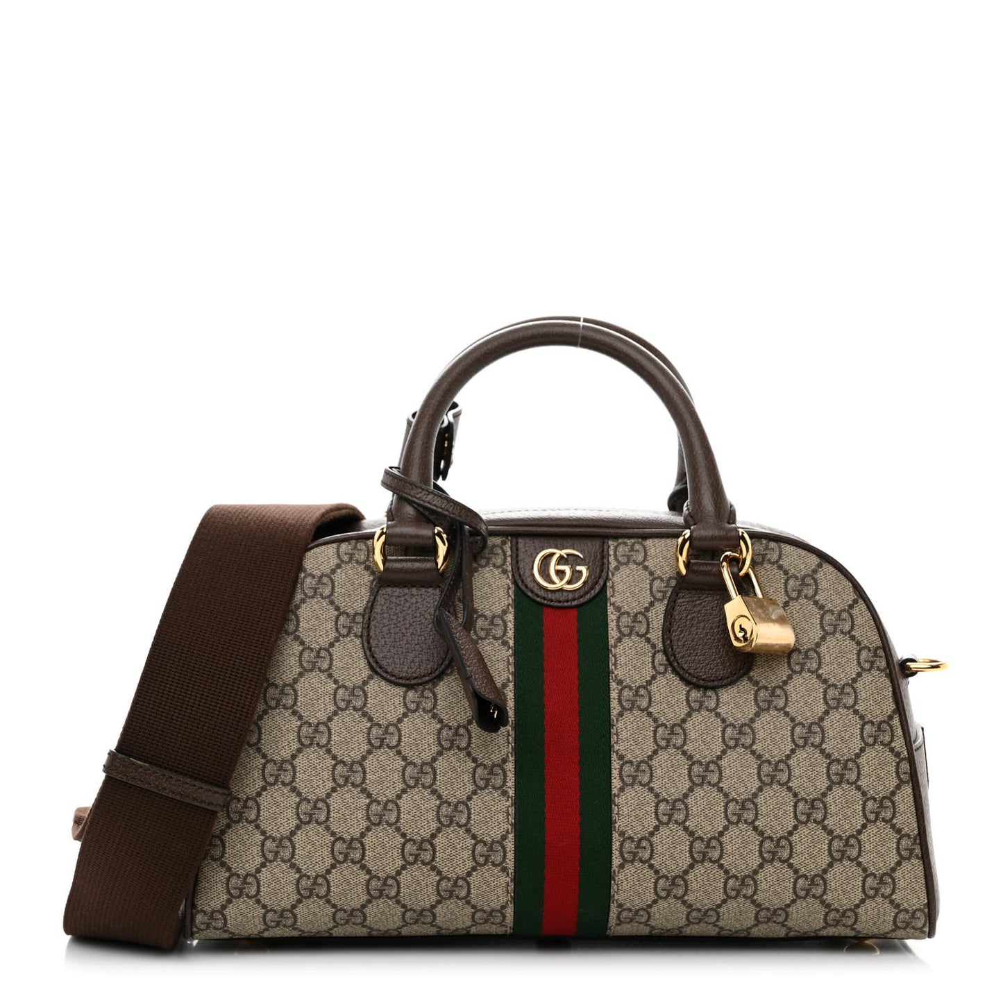 GG Supreme Monogram Textured Dollar Calfskin Web Medium Ophidia Top Handle Bowler Bag Beige Ebony New Acero