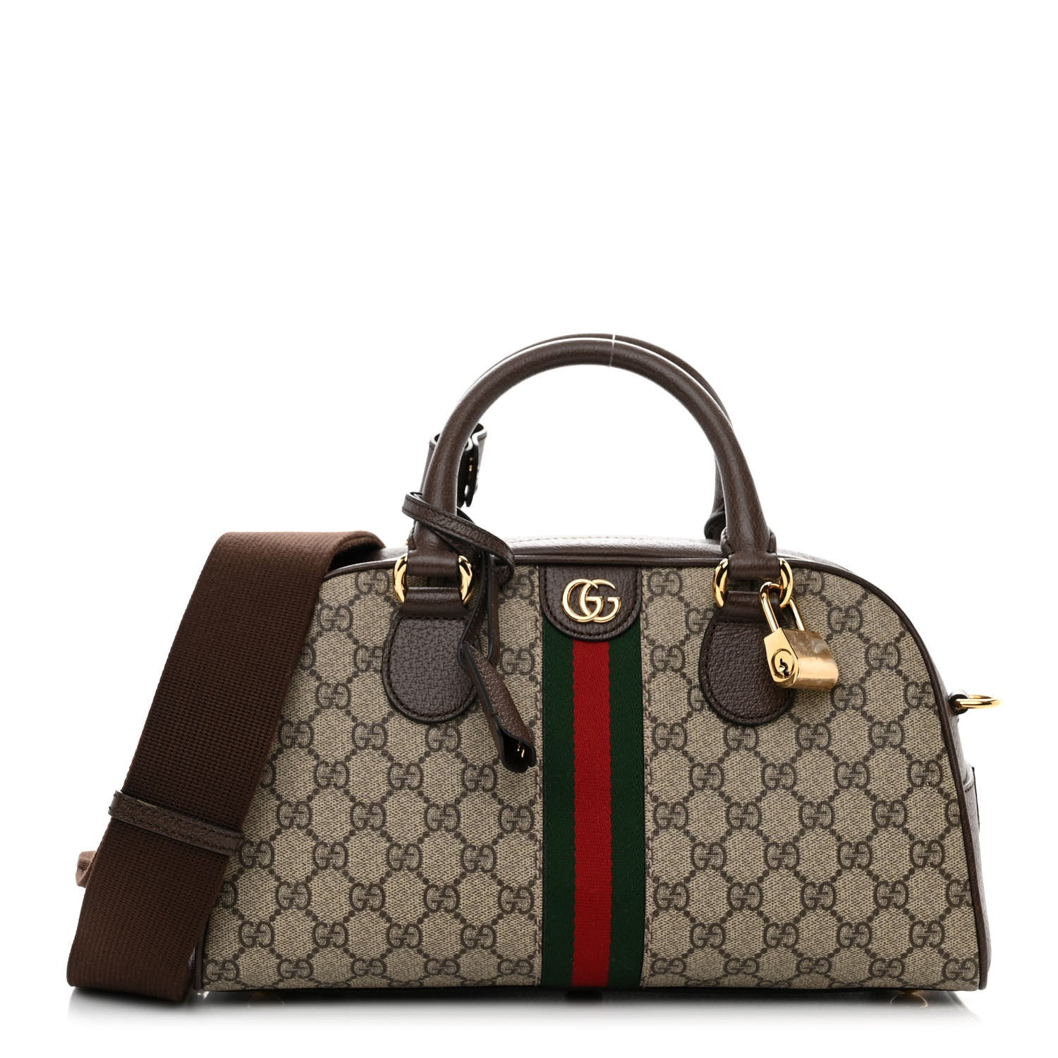 Gucci GG Supreme Monogram Textured Dollar Calfskin Web Medium Ophidia Top Handle Bowler Bag Beige Ebony New Acero 1 of 15