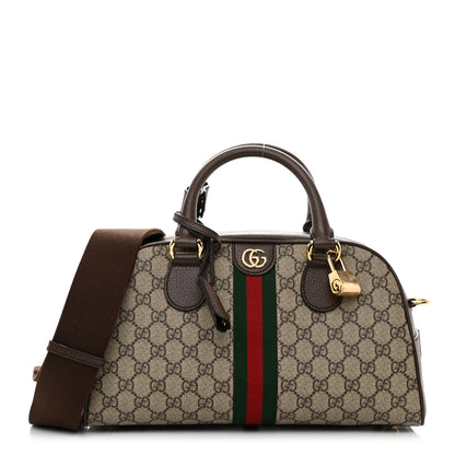 Gucci GG Supreme Monogram Textured Dollar Calfskin Web Medium Ophidia Top Handle Bowler Bag Beige Ebony New Acero 1 of 15
