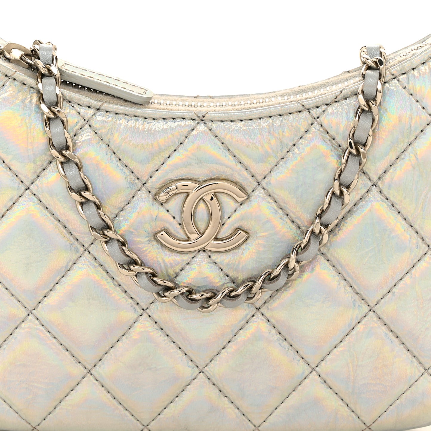 Iridescent Mirror Goatskin Quilted Clutch With Chain Silver