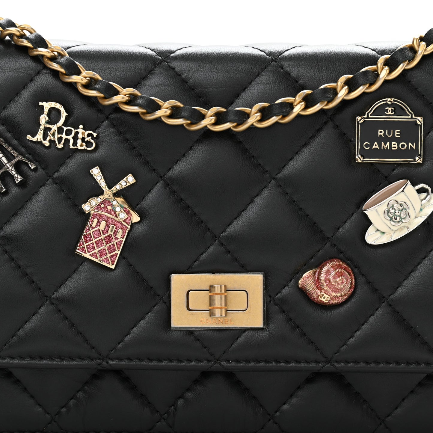 Aged Calfskin Quilted Lucky Charms 2.55 Reissue Wallet On Chain WOC Black