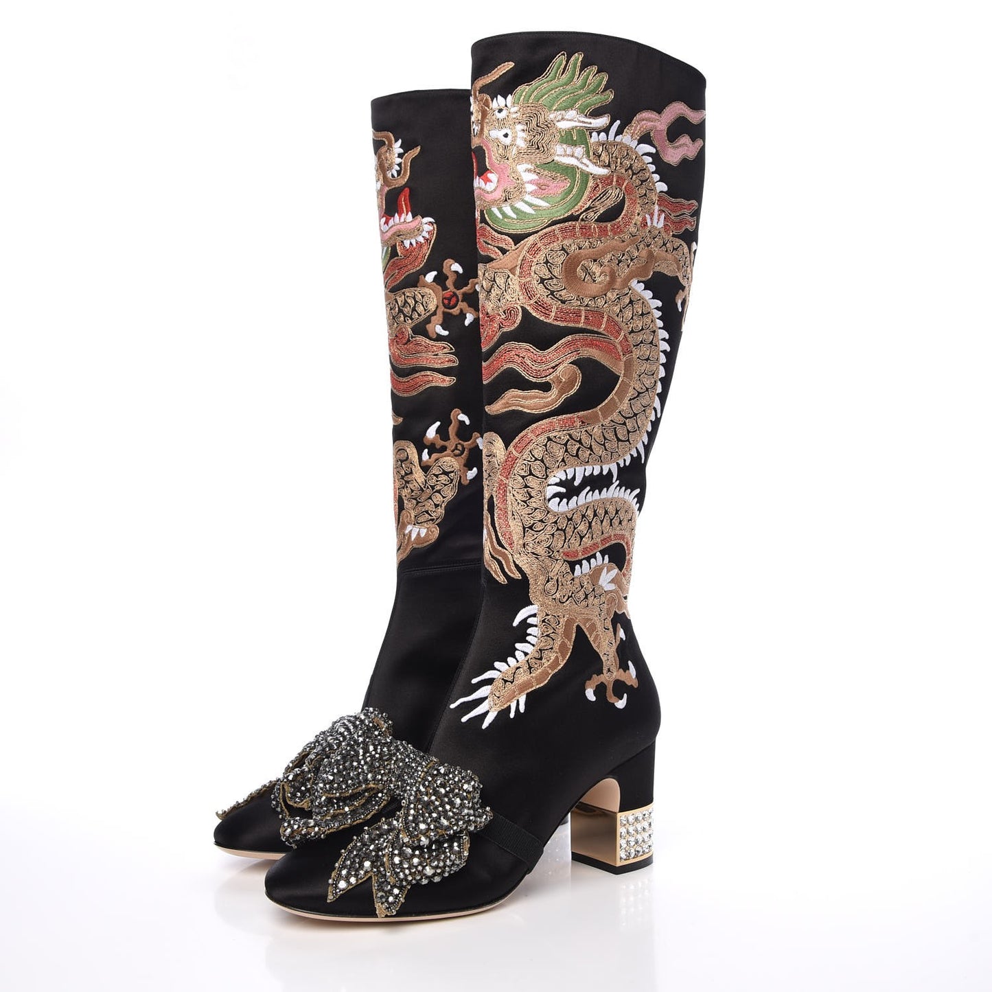 Silk Satin Malaga Kid Embroidered Candy Dragon Block-Heel Knee Boot 39 Black