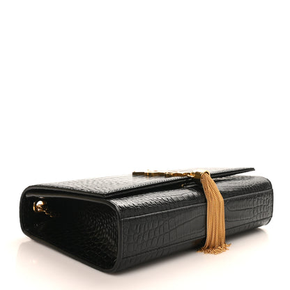 Saint Laurent Calfskin Crocodile Embossed Medium Classic Monogram Kate Tassel Satchel Black 4 of 9