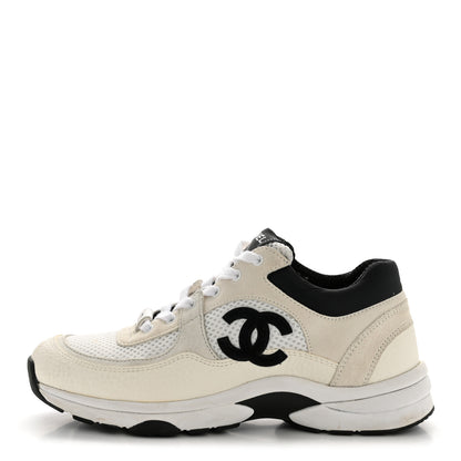 Chanel Mesh Suede Grained Calfskin Womens CC Sneakers 36.5 White Black 1 of 9