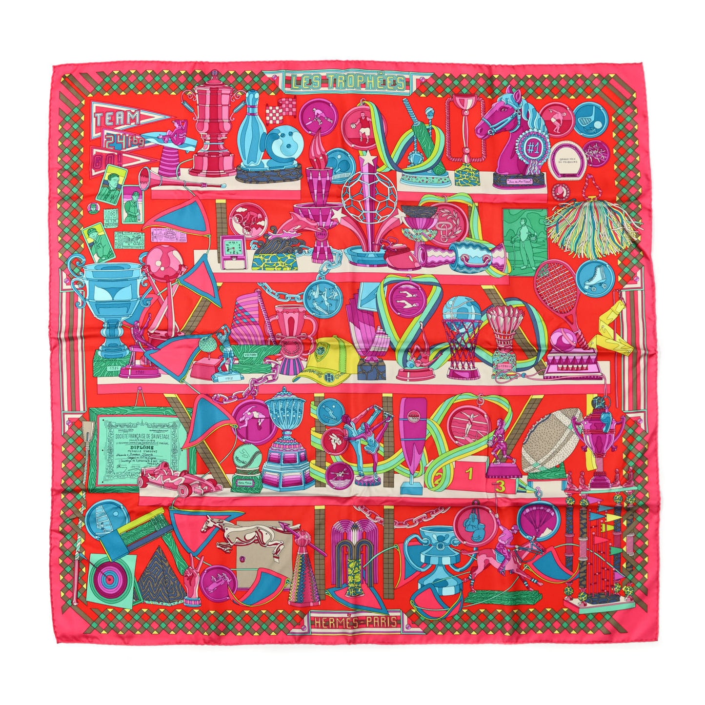 Silk Les Trophees Scarf 90 Rose Vif Rouge Turquoise