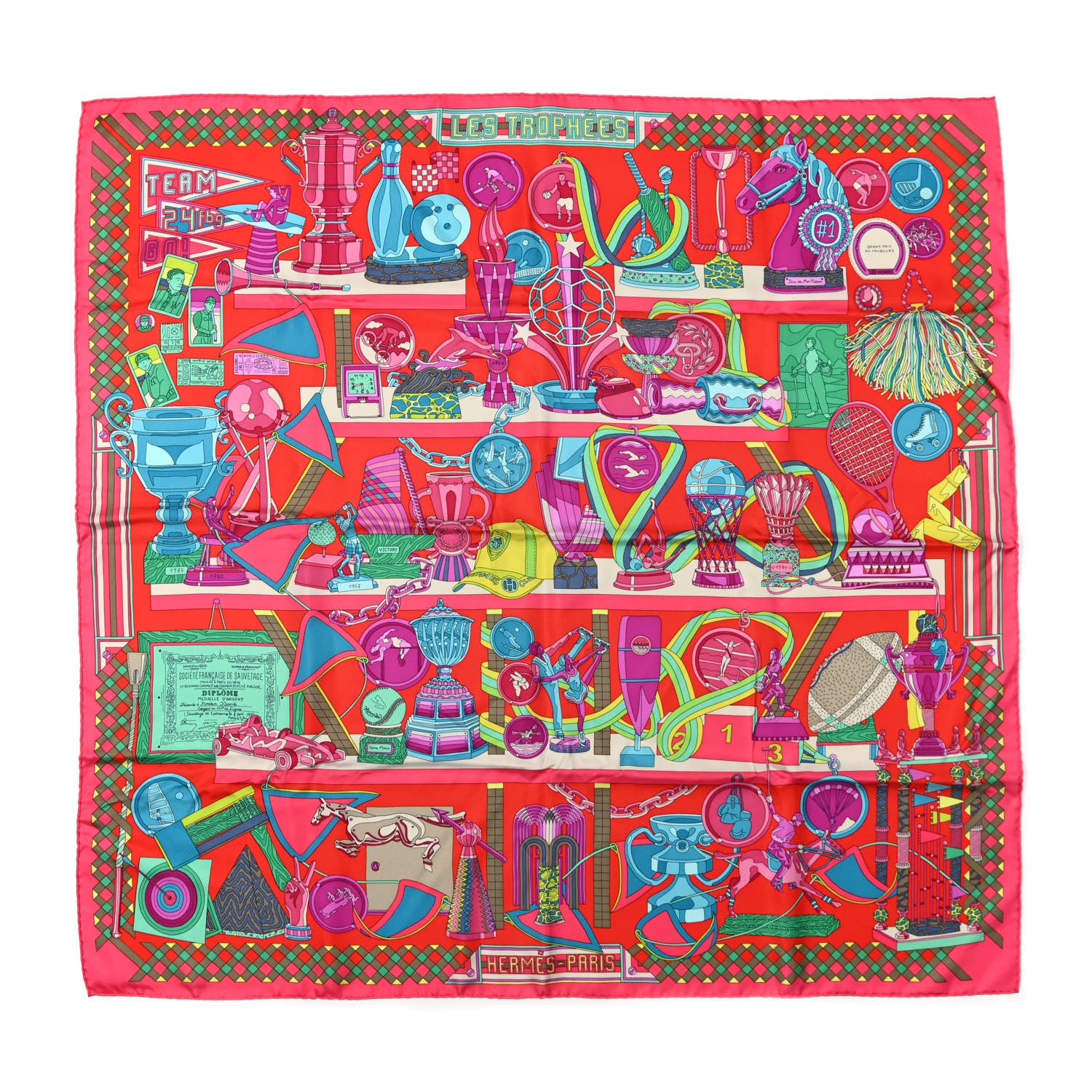 Hermes Silk Les Trophees Scarf 90 Rose Vif Rouge Turquoise 1 of 5
