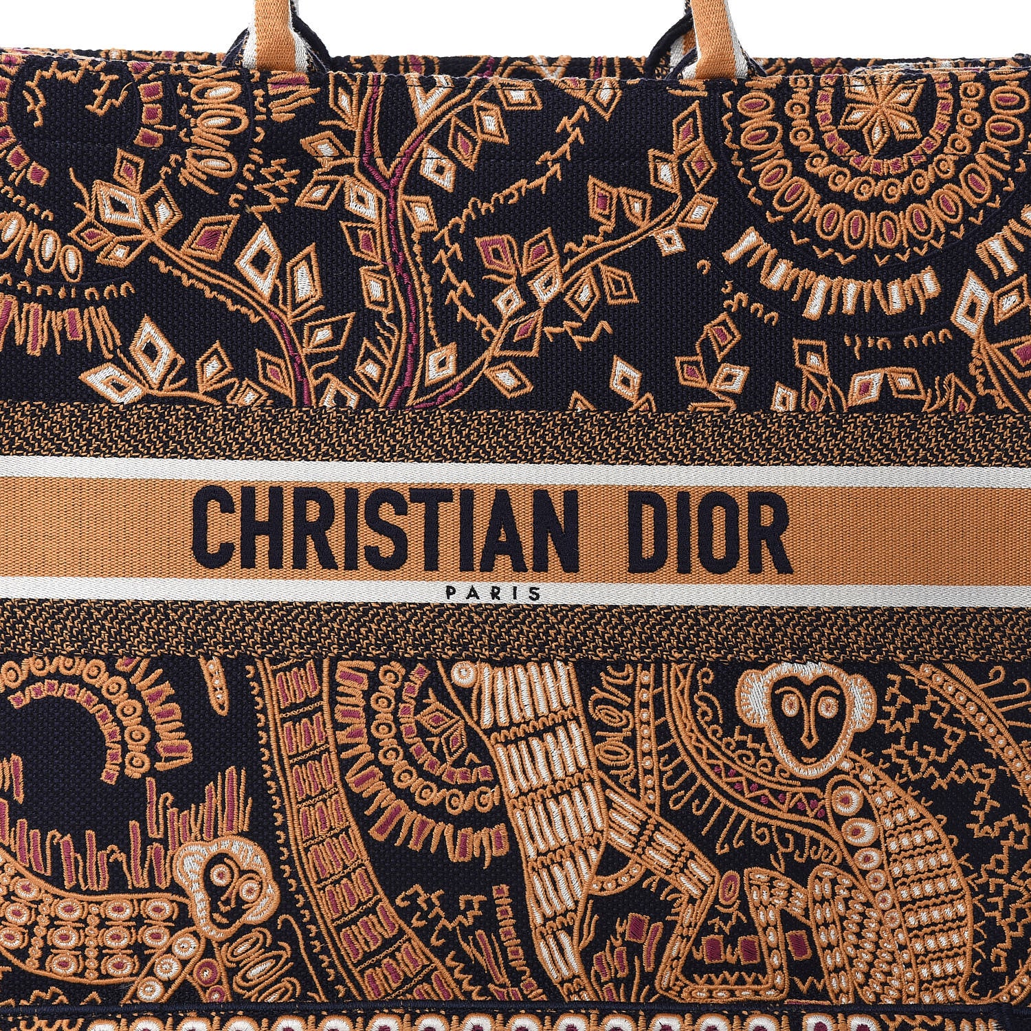 Christian Dior Embroidered Dior Animals Monkey Canvas Book Tote Orange Multicolor 7 of 9