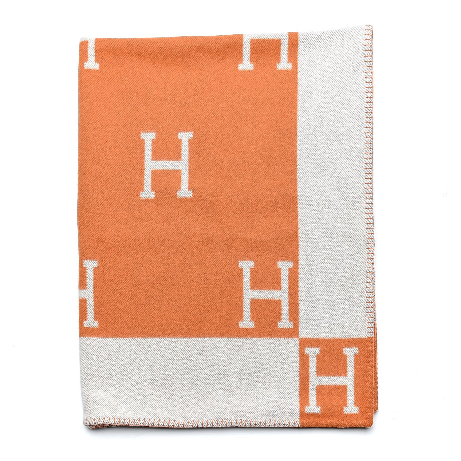 Hermes Wool Cashmere Signature Classic Avalon Blanket Ecru Potiron 1 of 3