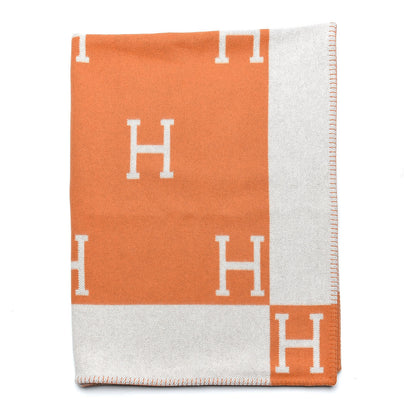 Hermes Wool Cashmere Signature Classic Avalon Blanket Ecru Potiron 1 of 3