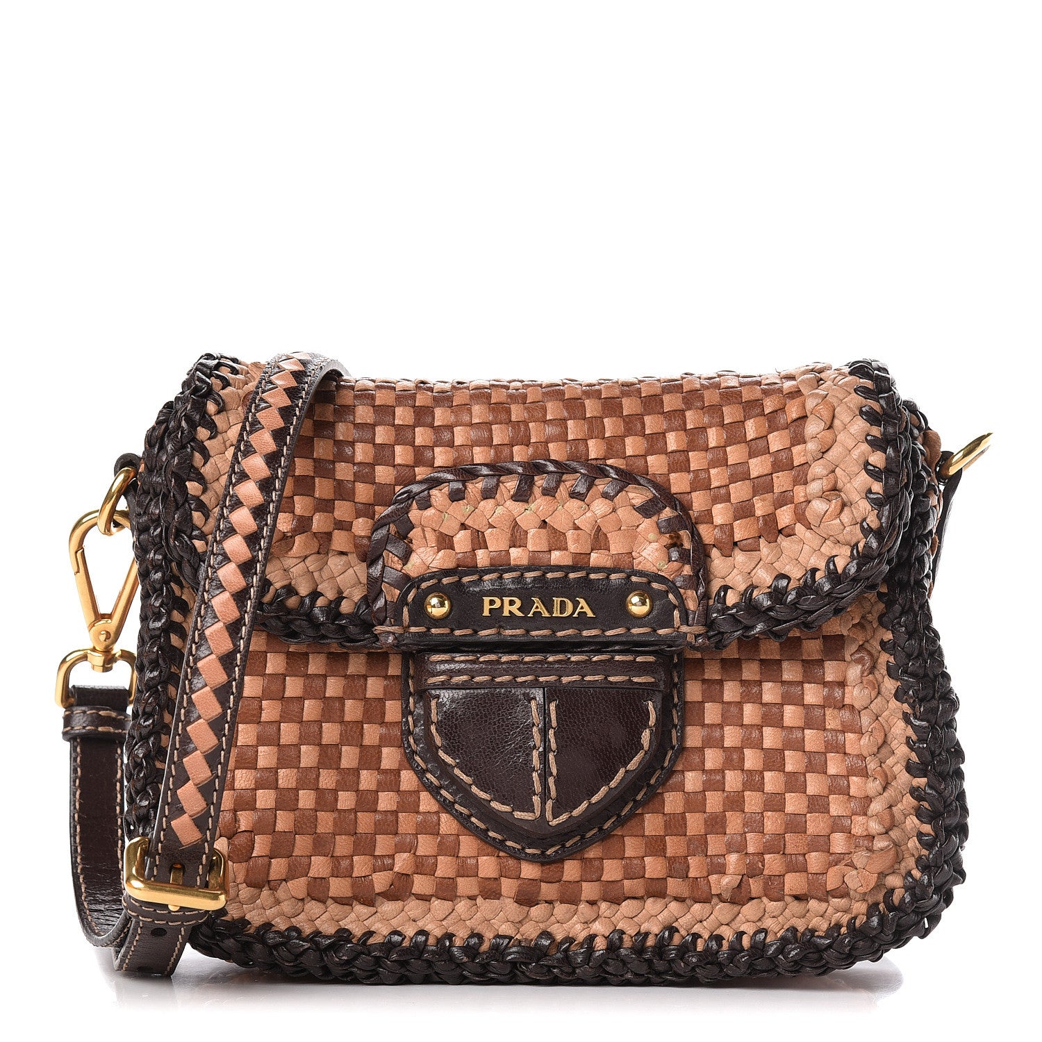 Prada Goatskin Woven Flap Crossbody Sughero Caramel 1 of 14