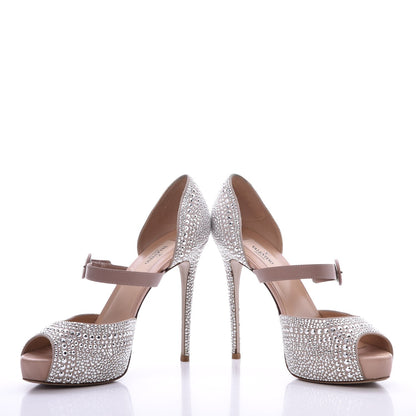 Valentino Garavani Suede Strass Crystal Peep Toe Mary Jane Platform Sandals 37.5 Poudre 5 of 11