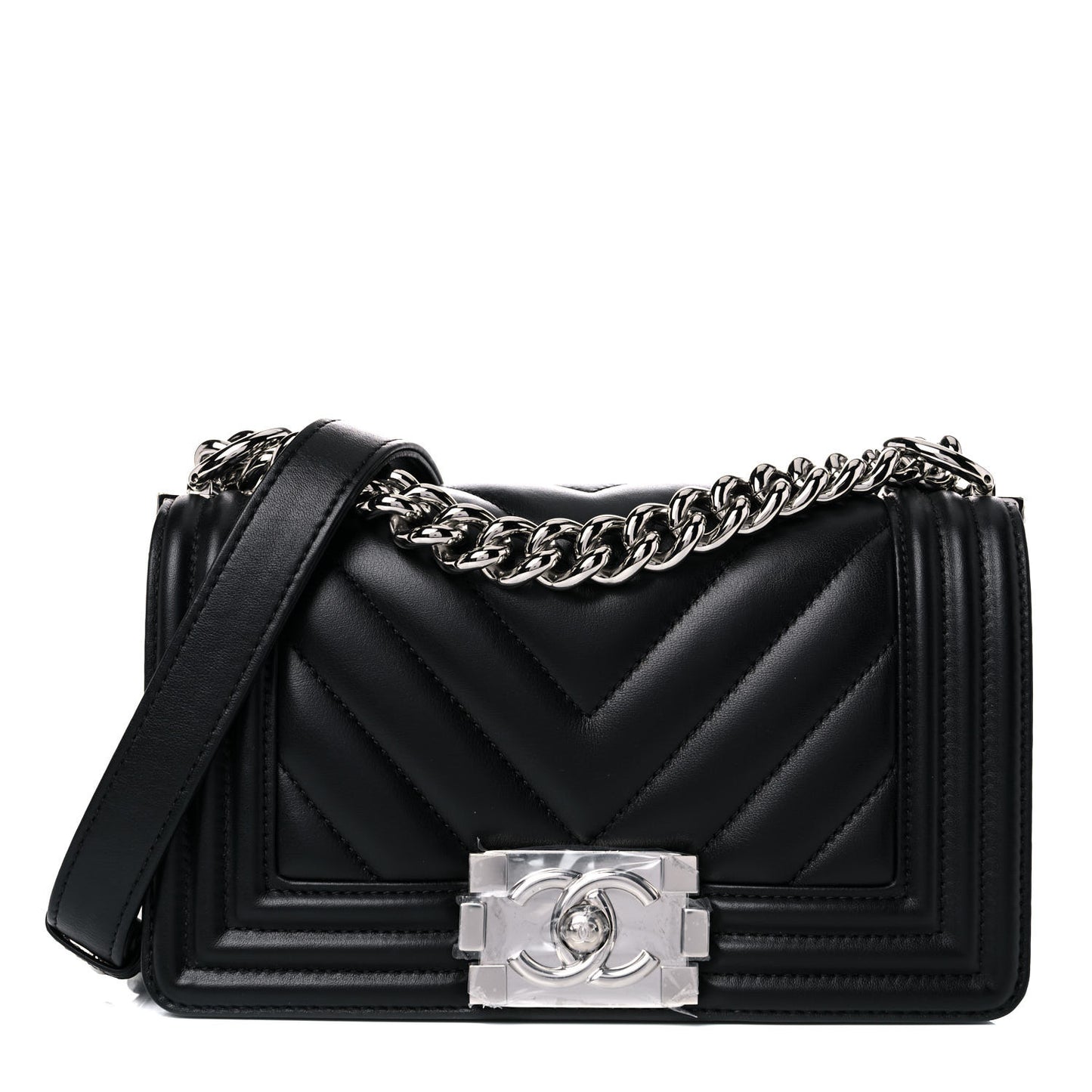 Calfskin Chevron Quilted Small Boy Flap Black