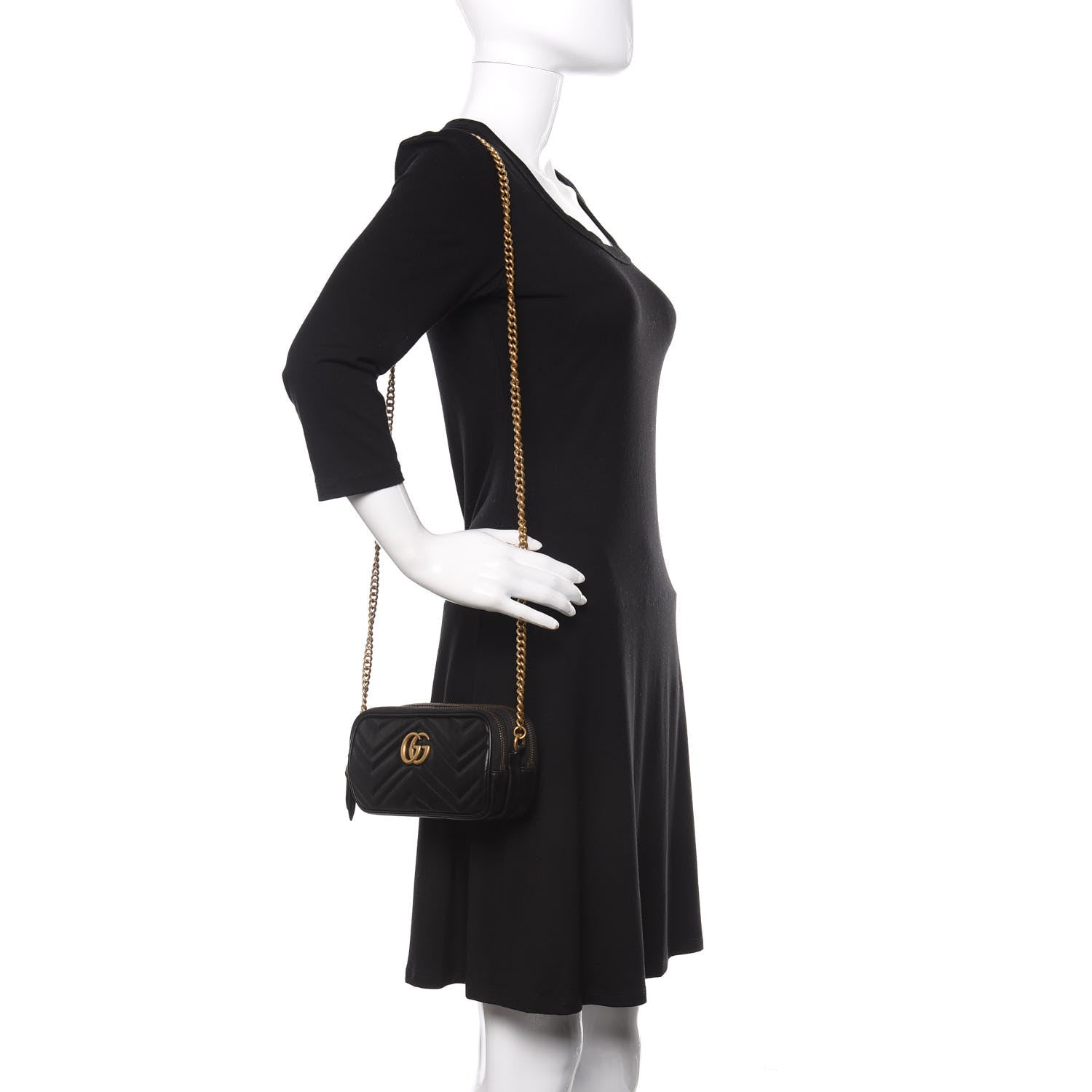Gucci Calfskin Matelasse Mini GG Marmont Chain Crossbody Bag Black 2 of 13